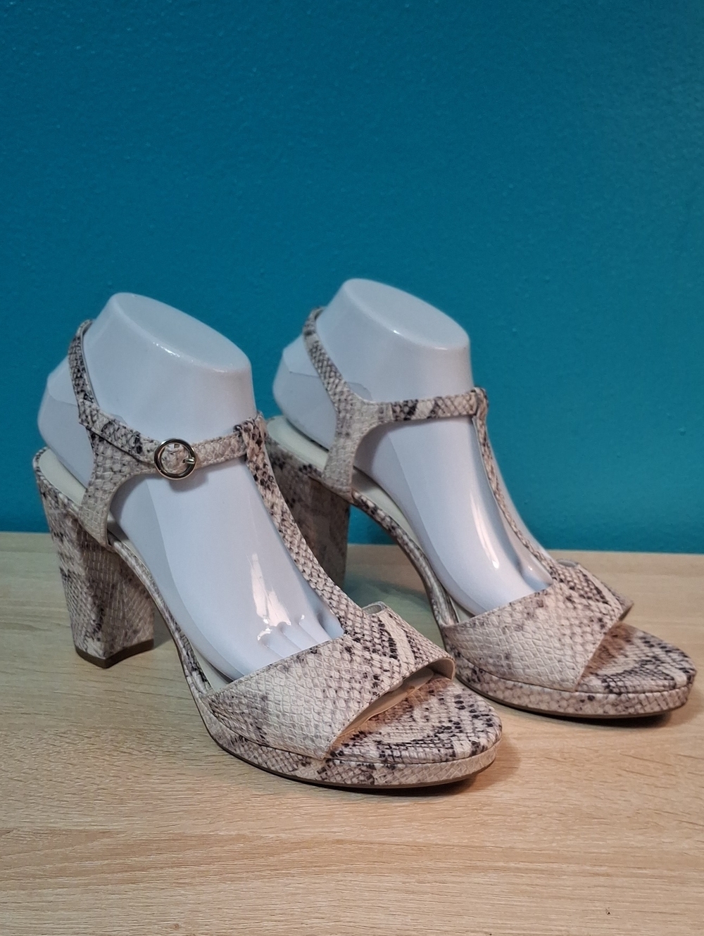 Anne Klein VIVIENNE Snake-Print T-Strap Block Heels in Neutral